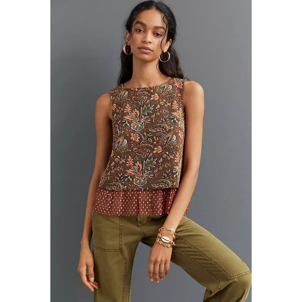 Anthropologie Eva Franco Jacquard Sleeveless Brown Floral Top Plus Sizes